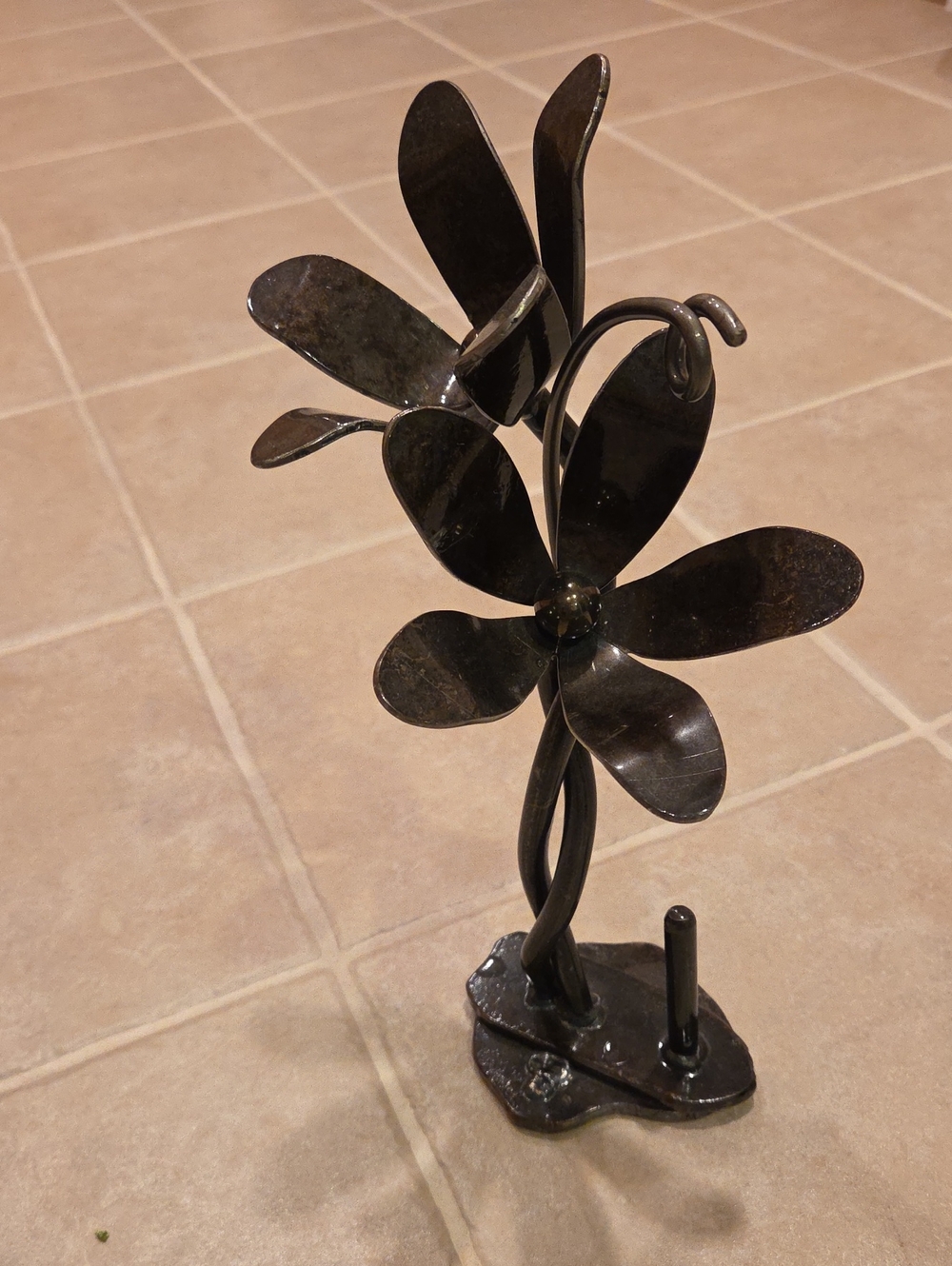 Handcrafted Black Metal Flower Sculpture - Jewelry Holder Art